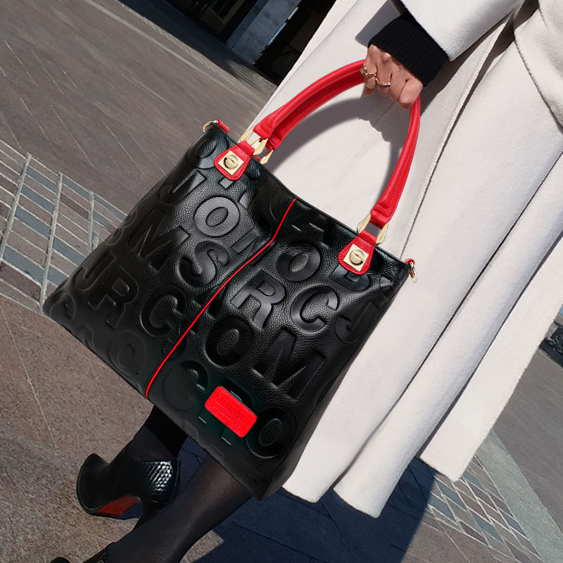 Leather Workshop - Genuine Cowhide Embossed Letter Tote Bag