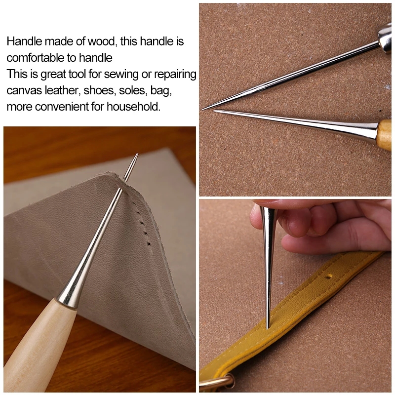 2Pcs Wooden Handle Sewing Awl  - Leatherwork Hand Sewing Needles ulasan dan harga